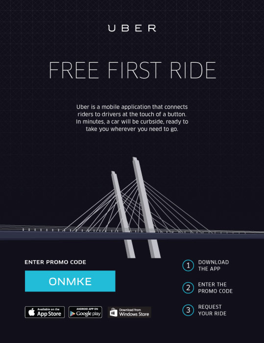 Uber is a mobile application that connects riders to drivers at the touch of a button. In minutes, a car will be curbside, ready to take you wherever you need to go. Try it free using the promo code “ONMKE”.
